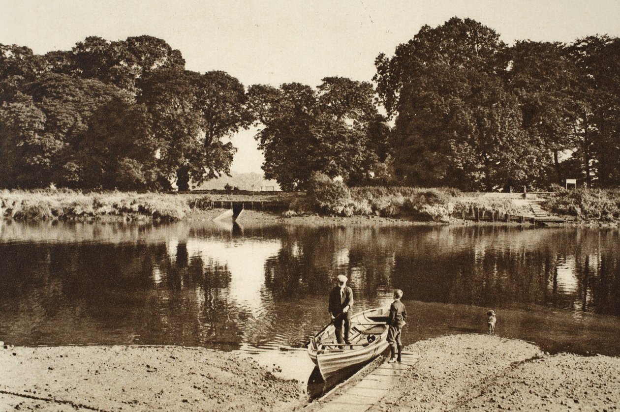 Rzeka przy promie Isleworth w kierunku zielonych polan Kew Gardens, ze wspaniałego Londynu, publikacja 1926-27 (fotograwiura) autorstwa English Photographer