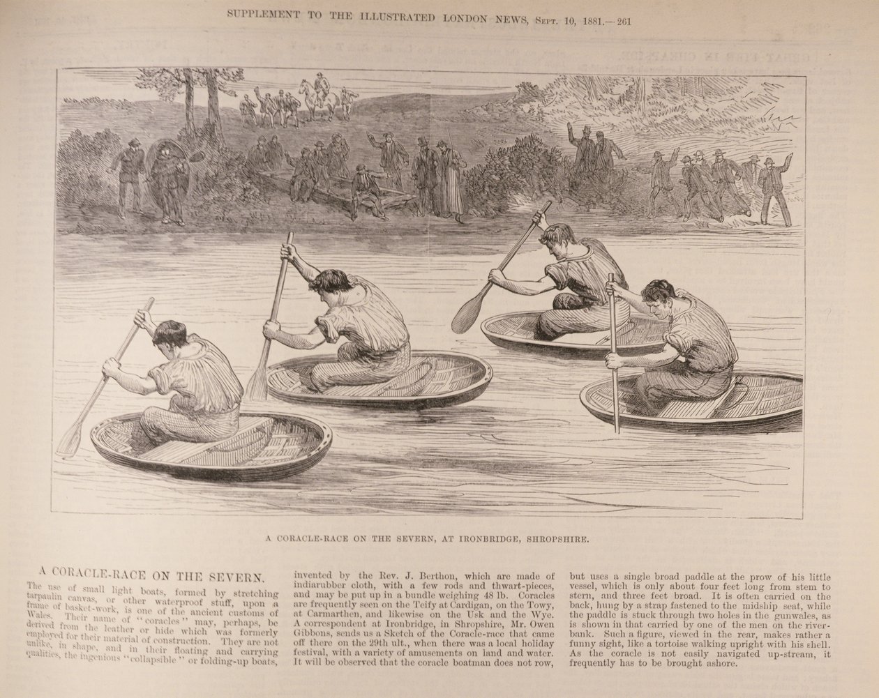 Wyścig Coracle na Severn w Ironbridge, Shropshire, z „The Illustrated London News”, 9 października 1881 autorstwa English School
