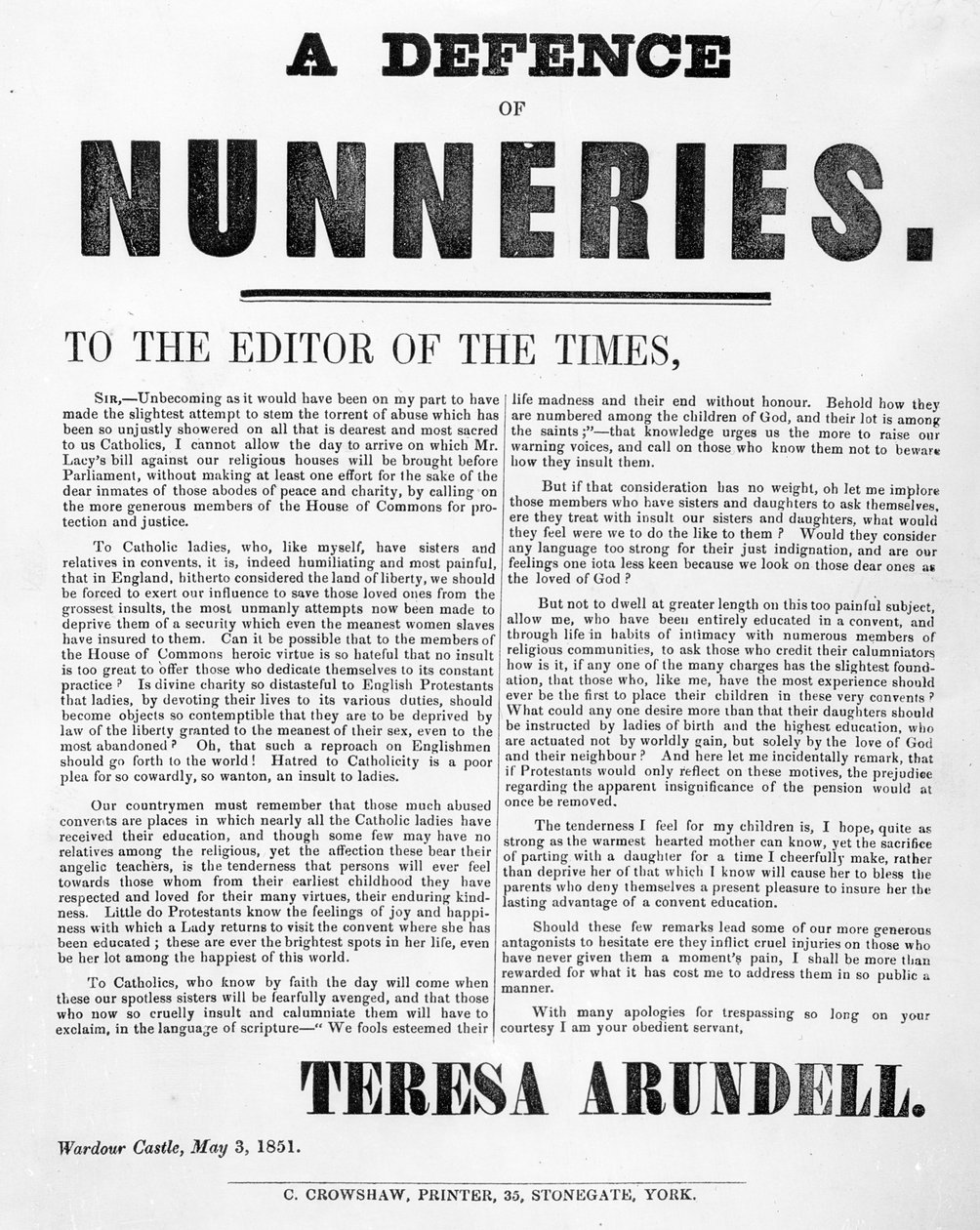 A Defence of Nunneries (Obrona zakonów) autorstwa Theresy Arundell, 1851 (papier drukowany) autorstwa English School