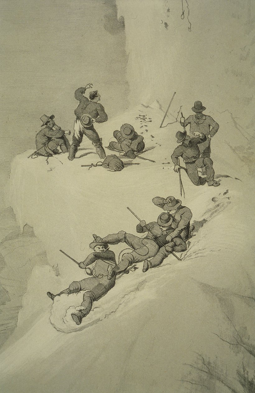 Upadek na wzniesieniu, z dziesięciu scen z ostatniego wejścia na Mont Blanc, w tym pięć widoków ze szczytu, autorstwa J.D.H. Browne, opublikowany 1853 autorstwa English School