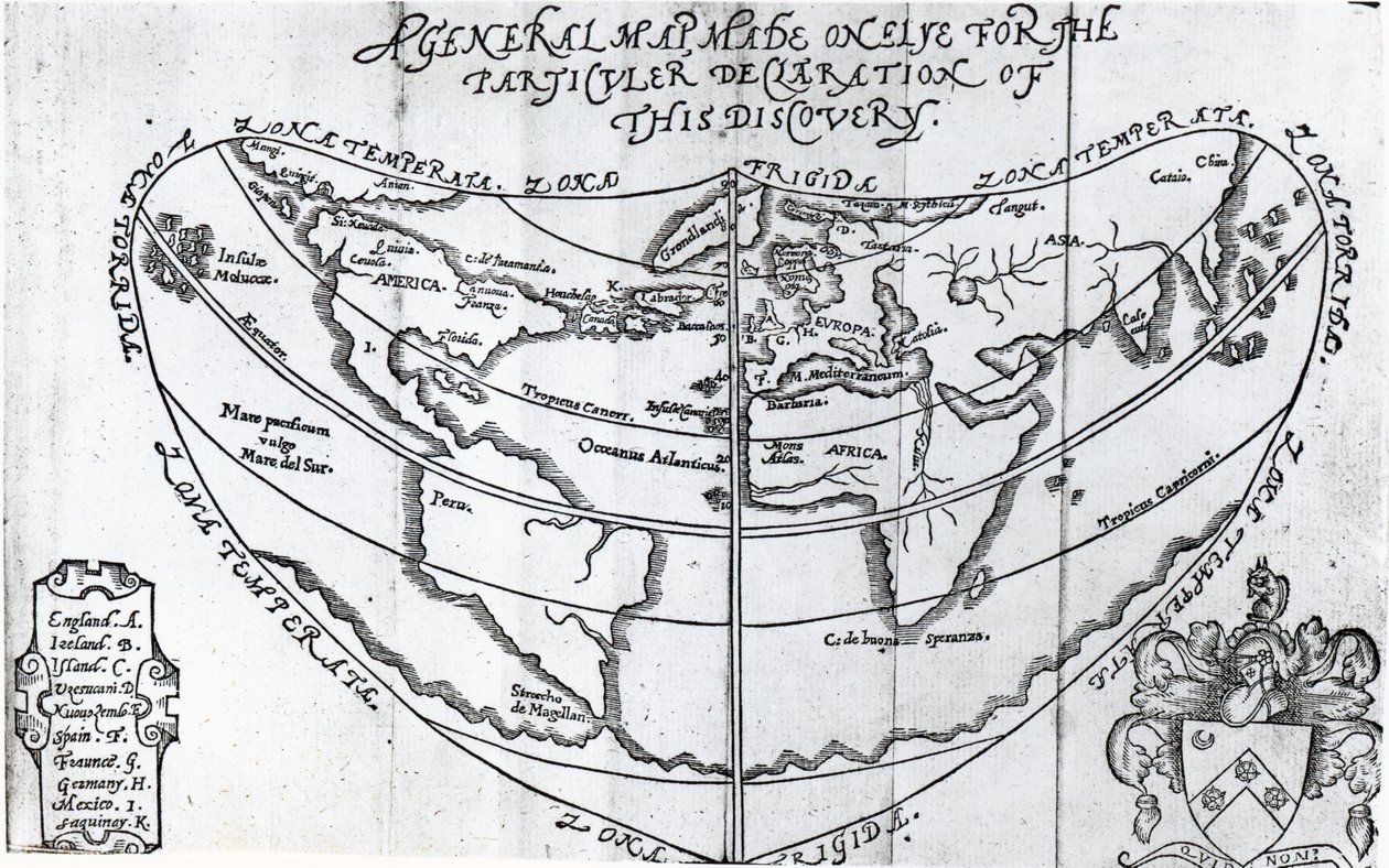 Ogólna mapa z „Dyskusa o odkryciu nowego przejścia do Cataia” napisana przez Humphreya Gilberta (ok. 1539-83) autorstwa English School