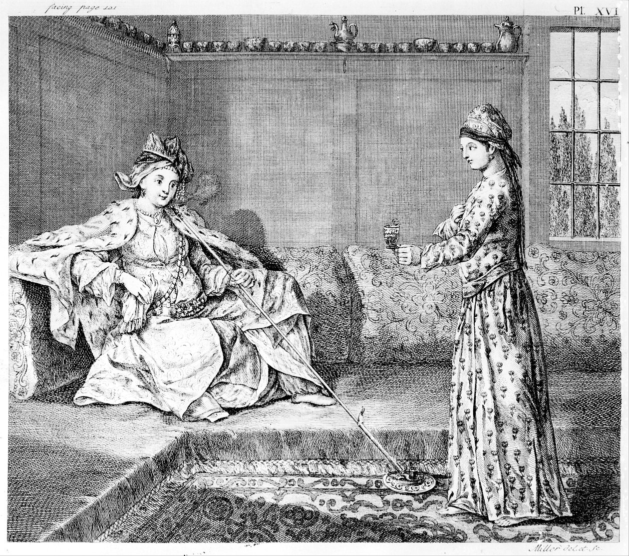 Dama z Aleppo z fajką, ilustracja z „Historii naturalnej Aleppo” Aleksandra i Patricka Russellów, wydanej w 1794 r. autorstwa English School
