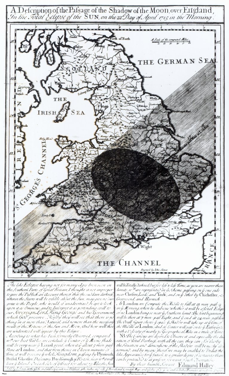 Mapa pokazująca przejście cienia księżyca nad Anglią 22 kwietnia 1715 roku, wyryta przez Johna Senexa, 1715 autorstwa English School