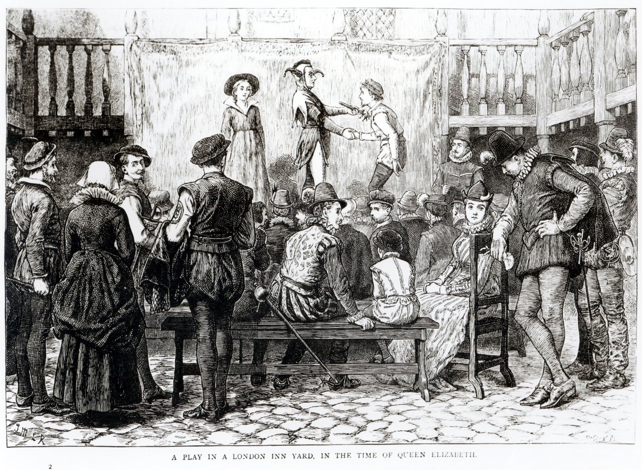 Sztuka w londyńskim podwórku za czasów królowej Elżbiety, rytowana przez Josepha Swaina (1820-1909) autorstwa English School
