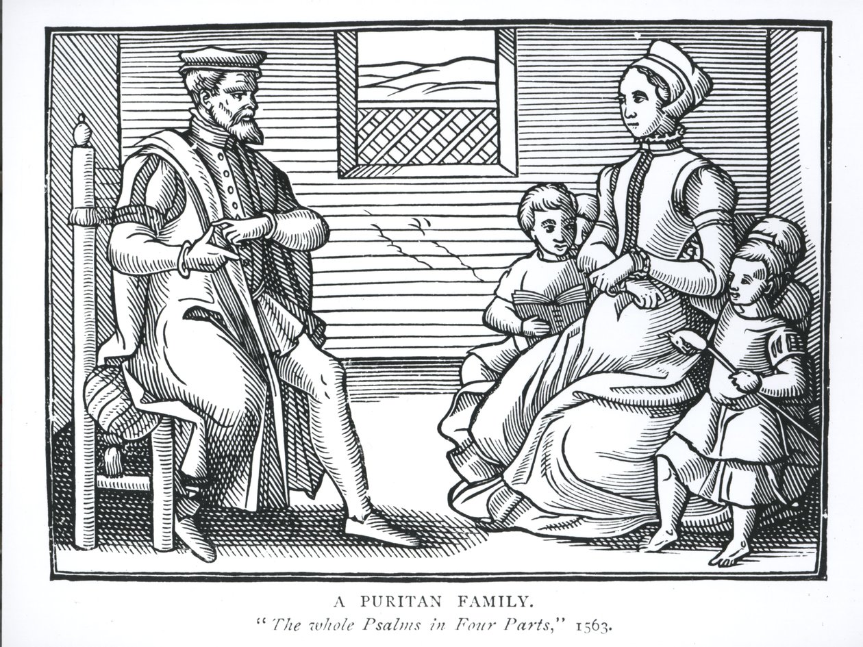 Rodzina purytańska, z „Całe Psalmy w czterech częściach”, 1563 autorstwa English School