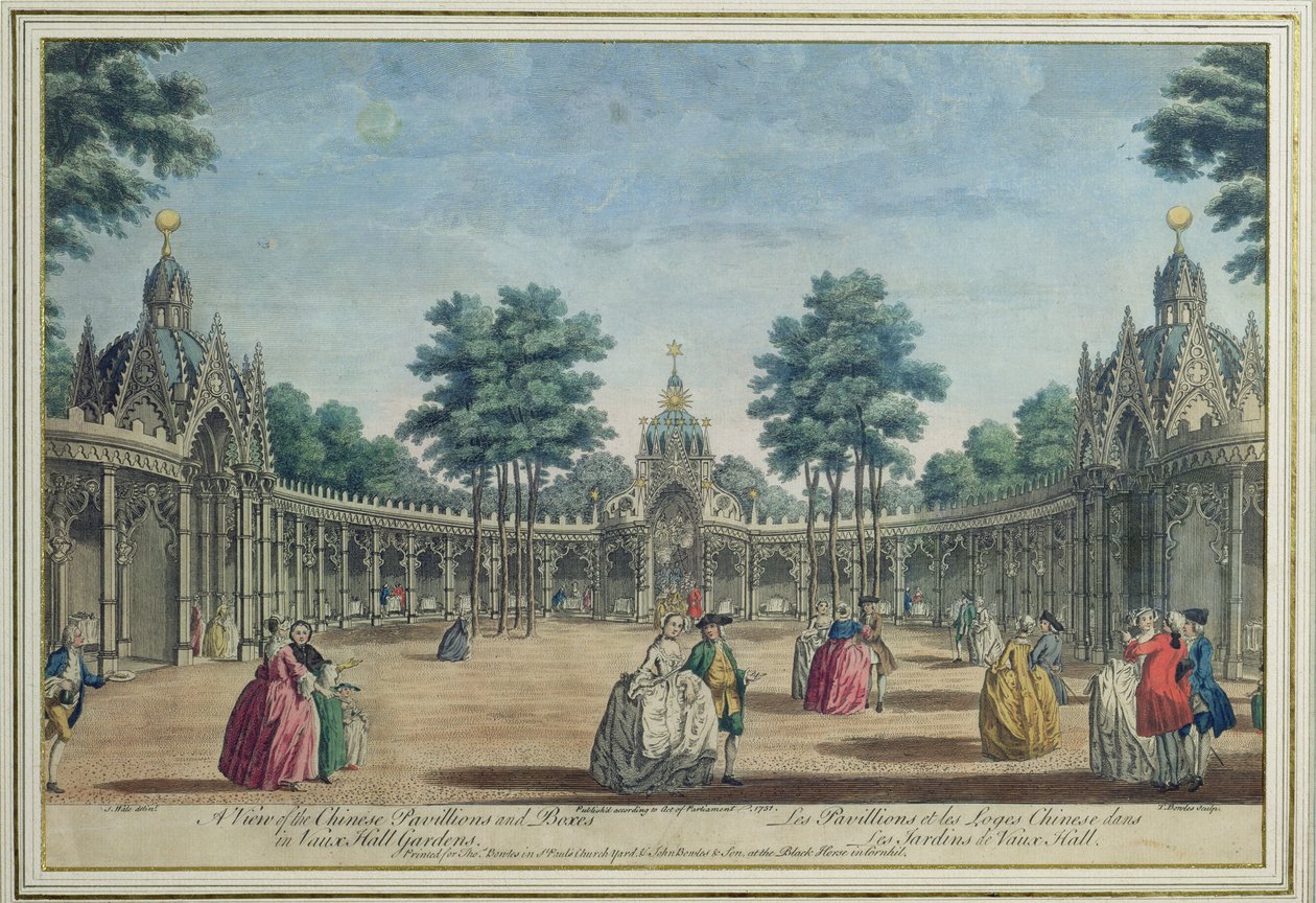 Widok chińskich pawilonów i skrzyń w ogrodach Vauxhall, 1751 (kolor grawerowany) autorstwa English School