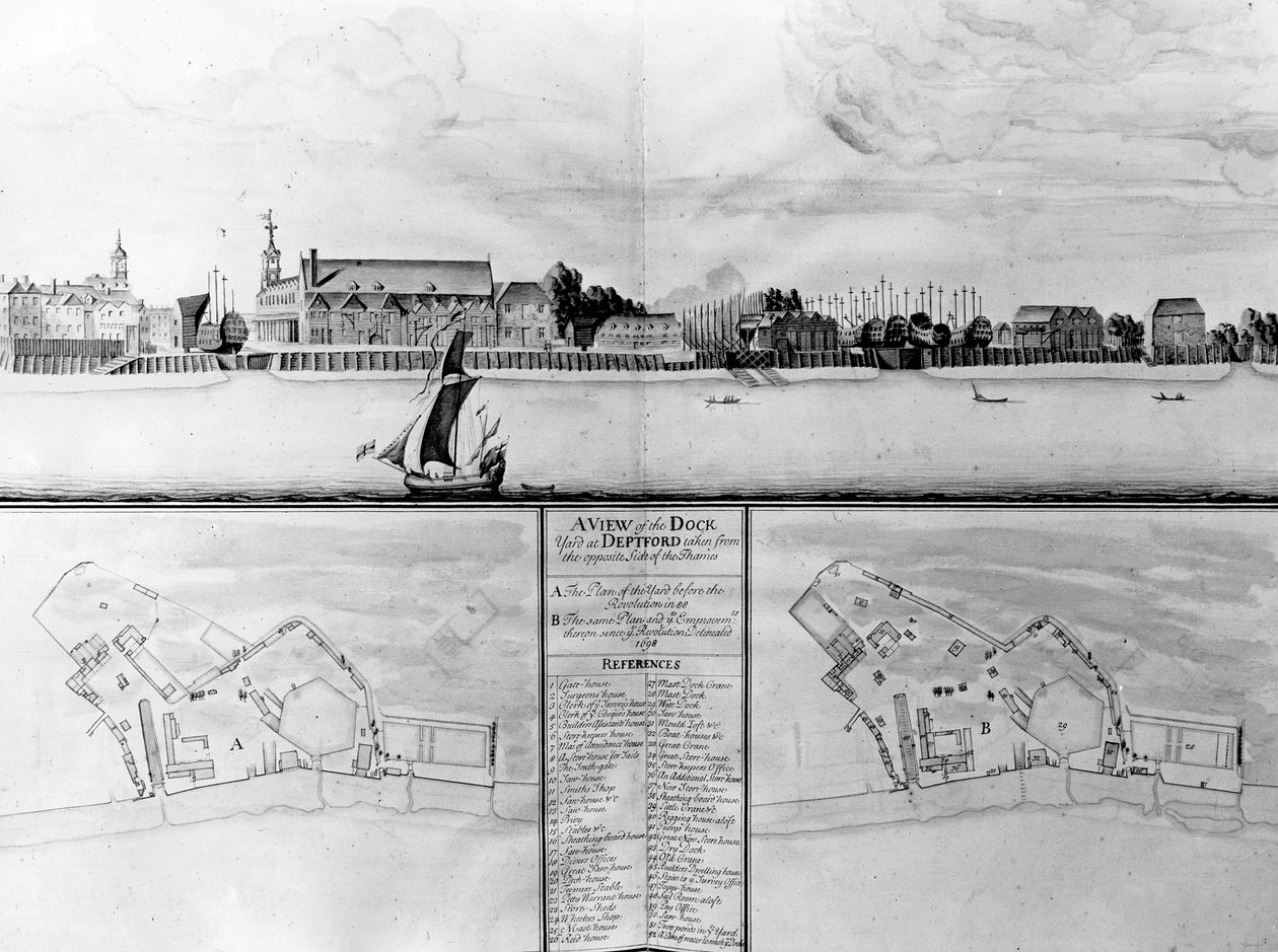 Widok stoczni w Deptford z przeciwnej strony Tamizy, 1698 autorstwa English School