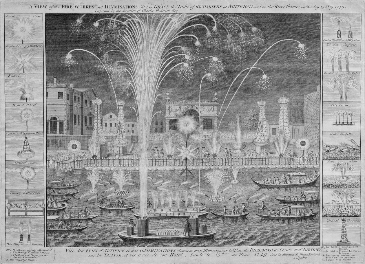 Widok fajerwerków i iluminacji za jego łaską księcia Richmonds w Whitehall i na Tamizie, w poniedziałek 15 maja 1749 (patrz także 8450) autorstwa English School