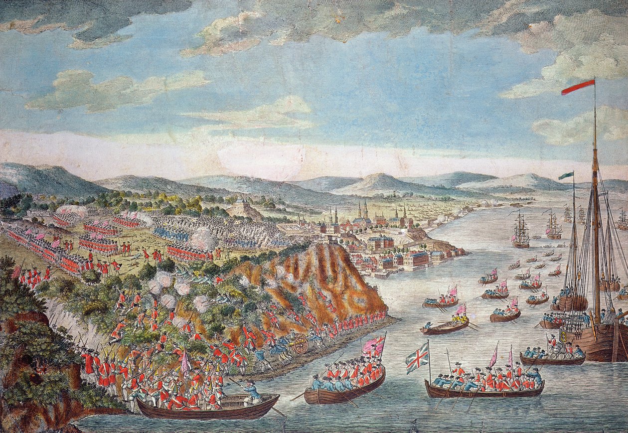 Widok na zdobycie Quebecu, 13 września 1759 (kolorowe grawerowanie) autorstwa English School