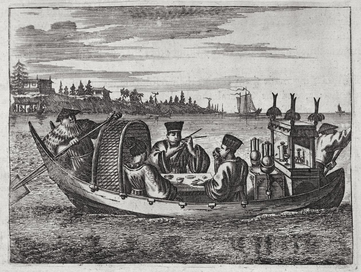 Bogaty mandaryński posiłek w łodzi, ilustracja z opisu ambasad w Chinach, 1690 autorstwa English School