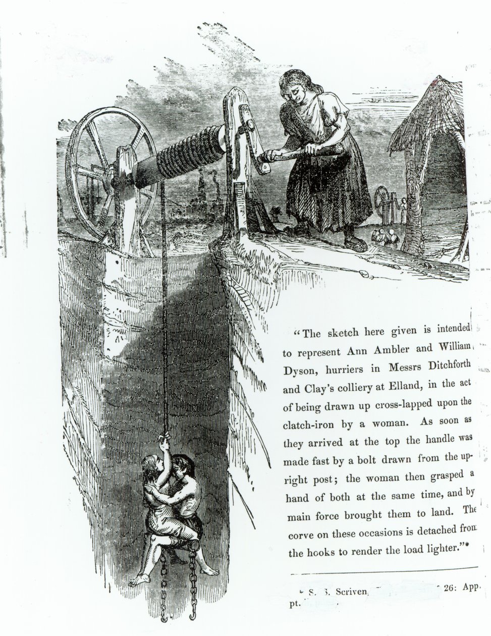 Chłopiec i dziewczynka nakręcani szybem kopalnianym, ilustracja wydrukowana w „Westminster Review”, lipiec 1842 r. autorstwa English School