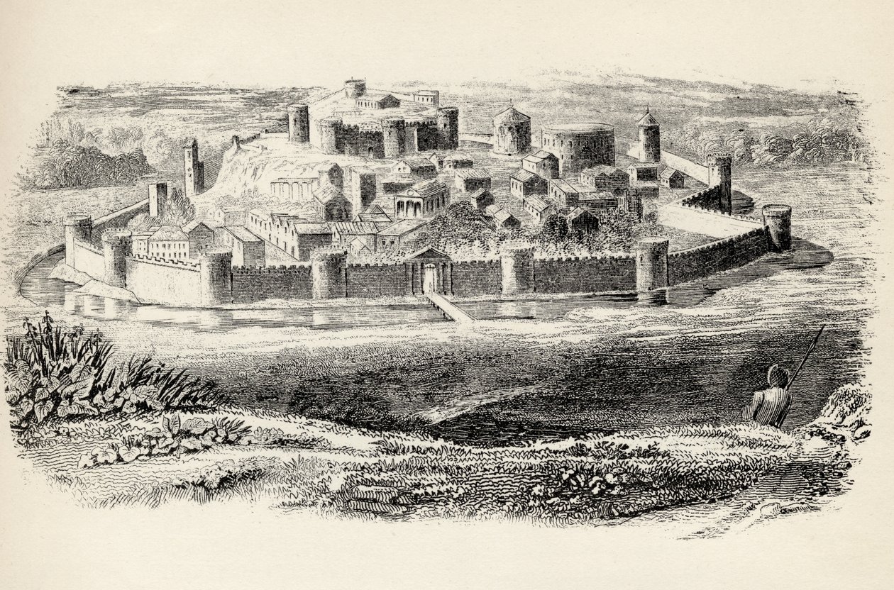 Ufortyfikowane średniowieczne miasto, z „The National Encyclopaedia”, wydanej przez Williama Mackenziego, Londyn, koniec XIX wieku autorstwa English School