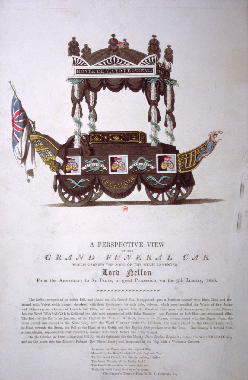 Perspektywiczny widok wielkiego samochodu pogrzebowego, który przewoził ciało Lorda Nelsona z Admiralicji do katedry św. Pawła w dniu 9 stycznia 1806 r. autorstwa English School