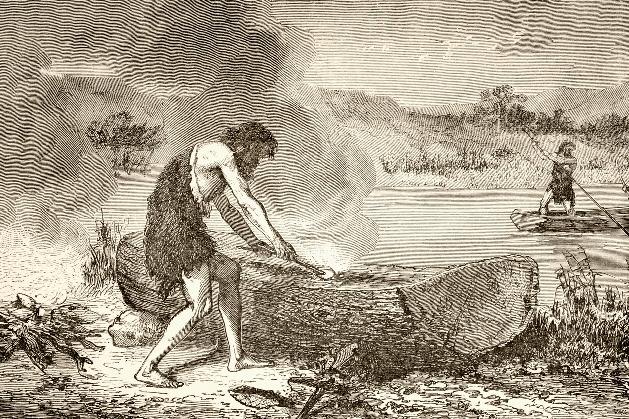 Prehistoryczny człowiek używający ognia do ukształtowania kajaka z kłody autorstwa English School