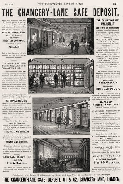 Reklama depozytu sejfu Chancery Lane, z The Illustrated London News, 12 lutego 1887 r. autorstwa English School