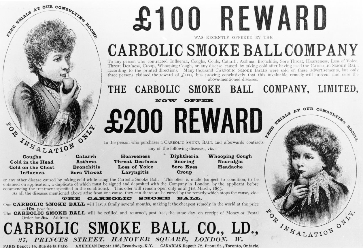 Reklama „Carbolic Smoke Ball Company”, 1892 autorstwa English School