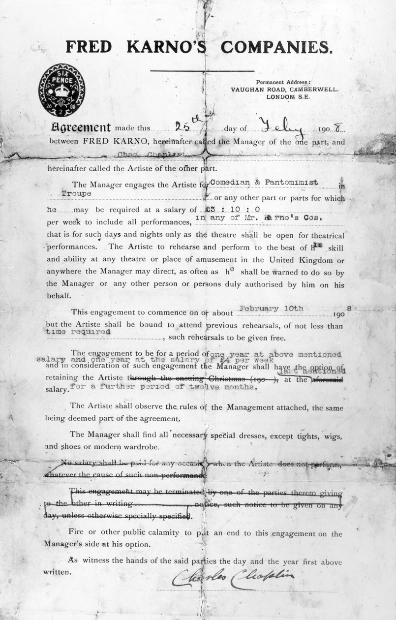 Umowa zawarta między firmami Freda Karno a Charlesem Chaplinem, 25 lipca 1908 (druk) autorstwa English School