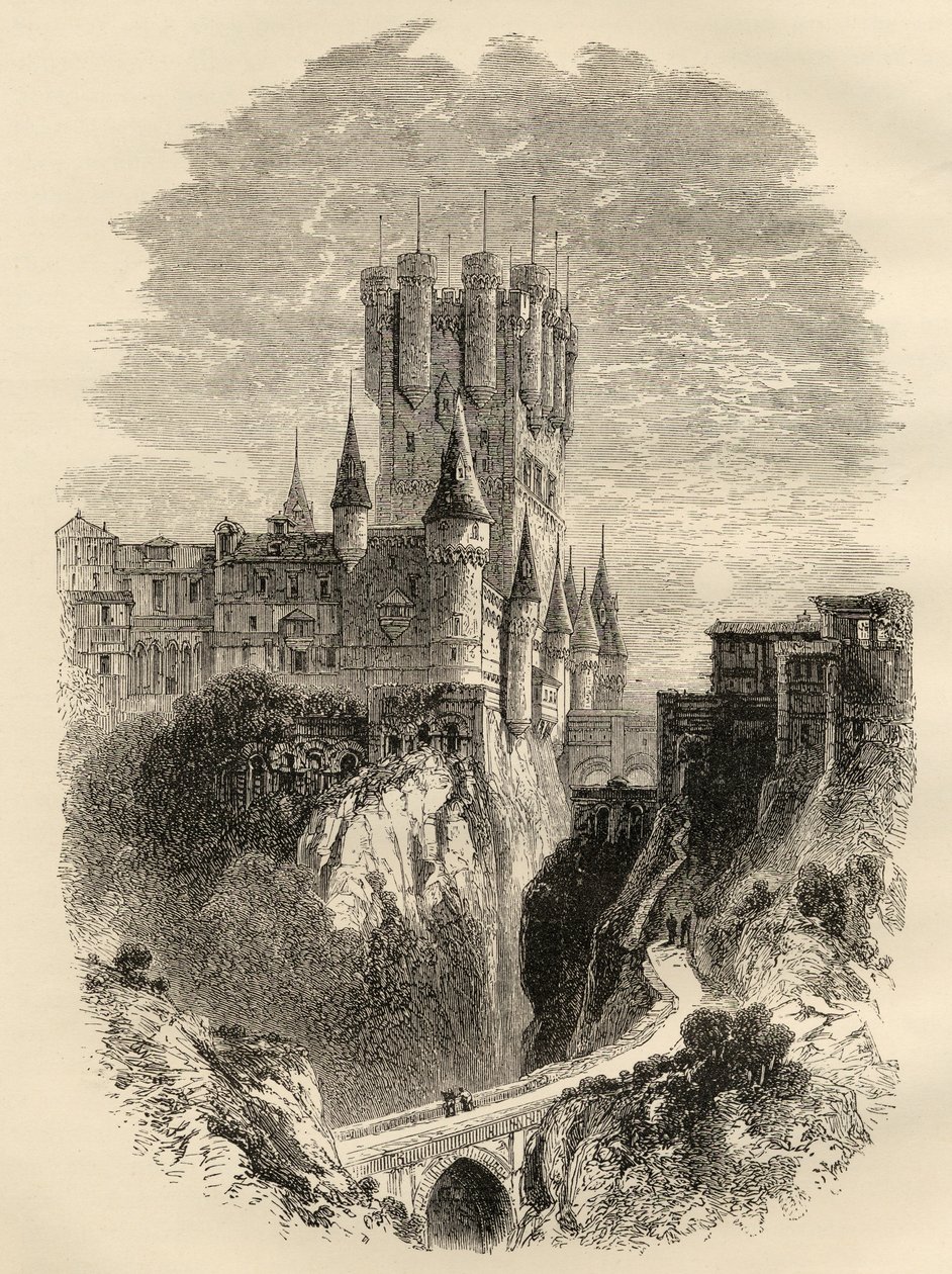 Alcazar w Segowii, Hiszpania przed pożarem w 1862 r., ilustracja z „Spanish Pictures” ks. Samuela Manninga autorstwa English School