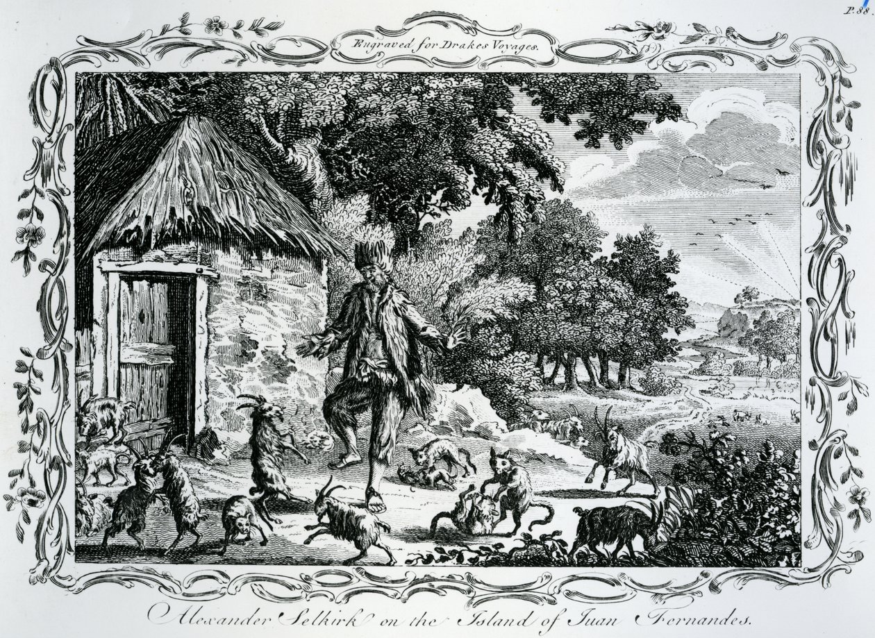 Alexander Selkirk na wyspie Juan Fernandes, opublikowane w "Drakes Voyages", 1780 r. autorstwa English School