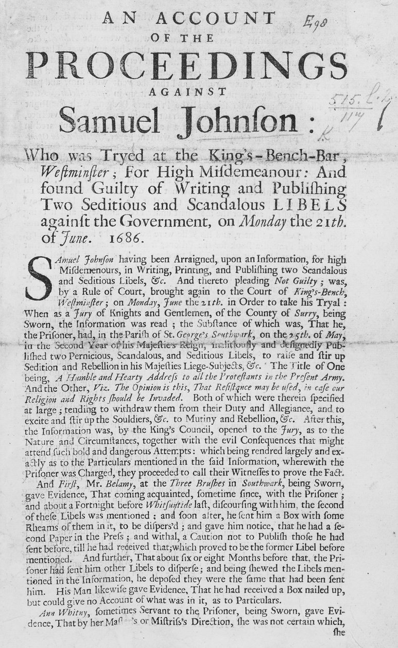 Sprawozdanie z postępowania przeciwko Samuelowi Johnsonowi, 1686 (druk) autorstwa English School