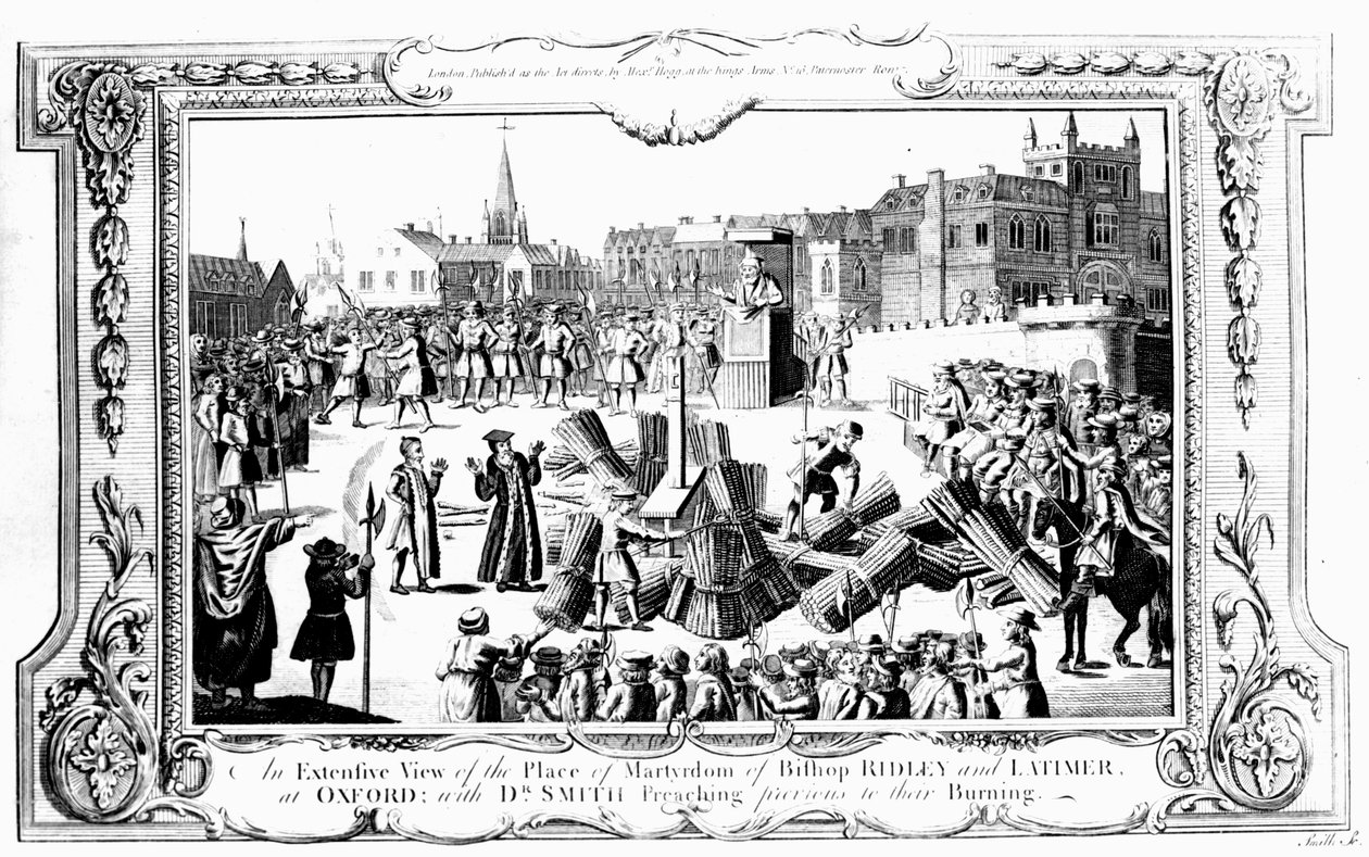 Rozległy widok miejsca męczeństwa biskupa Ridleya (ok. 1500-55) i Latimera (ok. 1485-1555) w Oksfordzie z dr. Smithem, który głosił przed ich spaleniem autorstwa English School