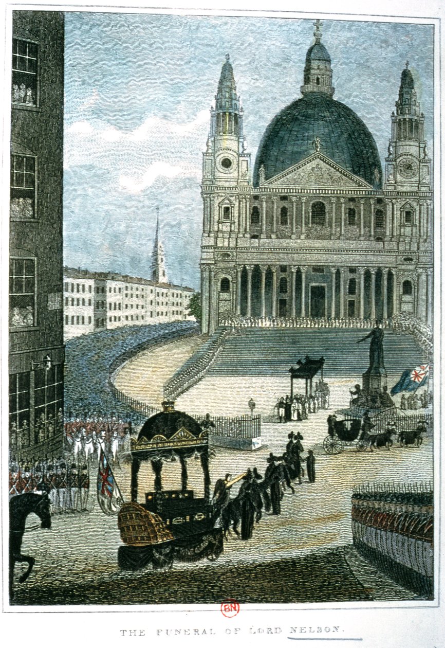 Dokładne przedstawienie wielkiego wozu pogrzebowego, który 9 stycznia 1806 przewoził ciało Lorda Nelsona z Admiralicji do Katedry św. Pawła autorstwa English School