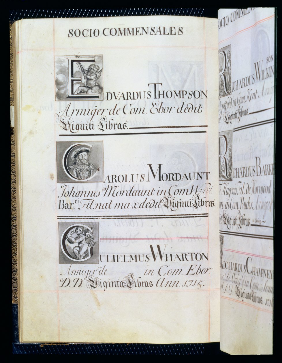 Archiwum 3693 f.58v Strona wymieniająca trzech dobroczyńców New College w Oksfordzie; Edvardus Thompson, Carolus Mordaunt i Gulielmus Wharton, z Księgi dobrodziejstw, 16812-84 (pióro i atrament) autorstwa English School
