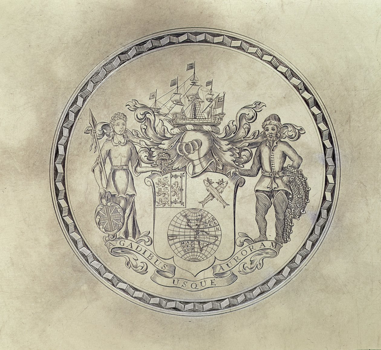 Herbarz Kompanii Mórz Południowych, wygrawerowany na tacy, 1714 (srebrno-złocony) autorstwa English School