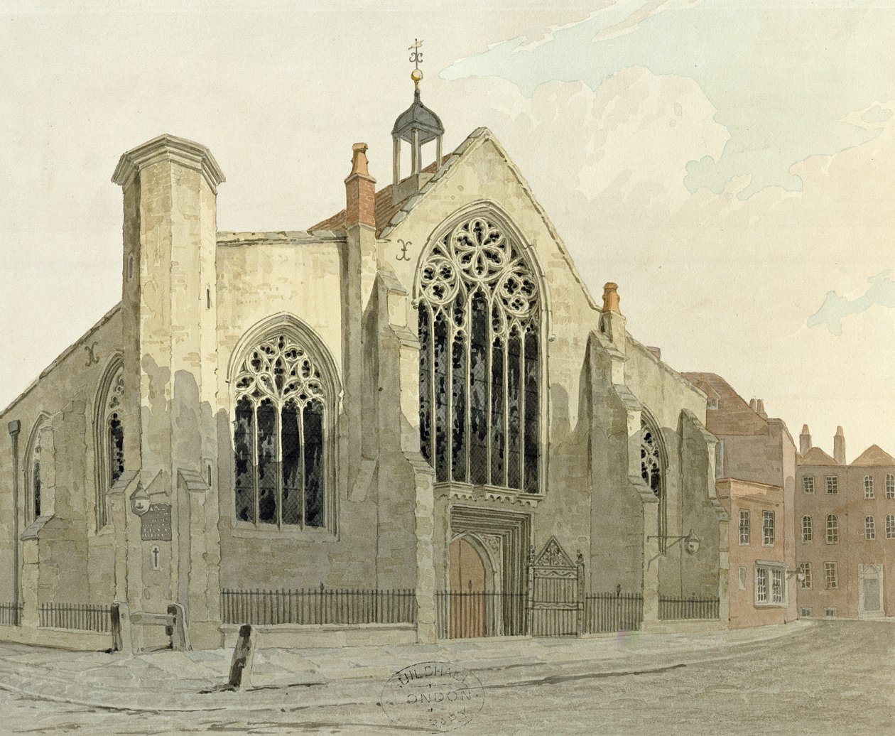 Austin Friars Church, Broad Street, z północnego zachodu, ok. 1780 (wc na papierze) autorstwa English School