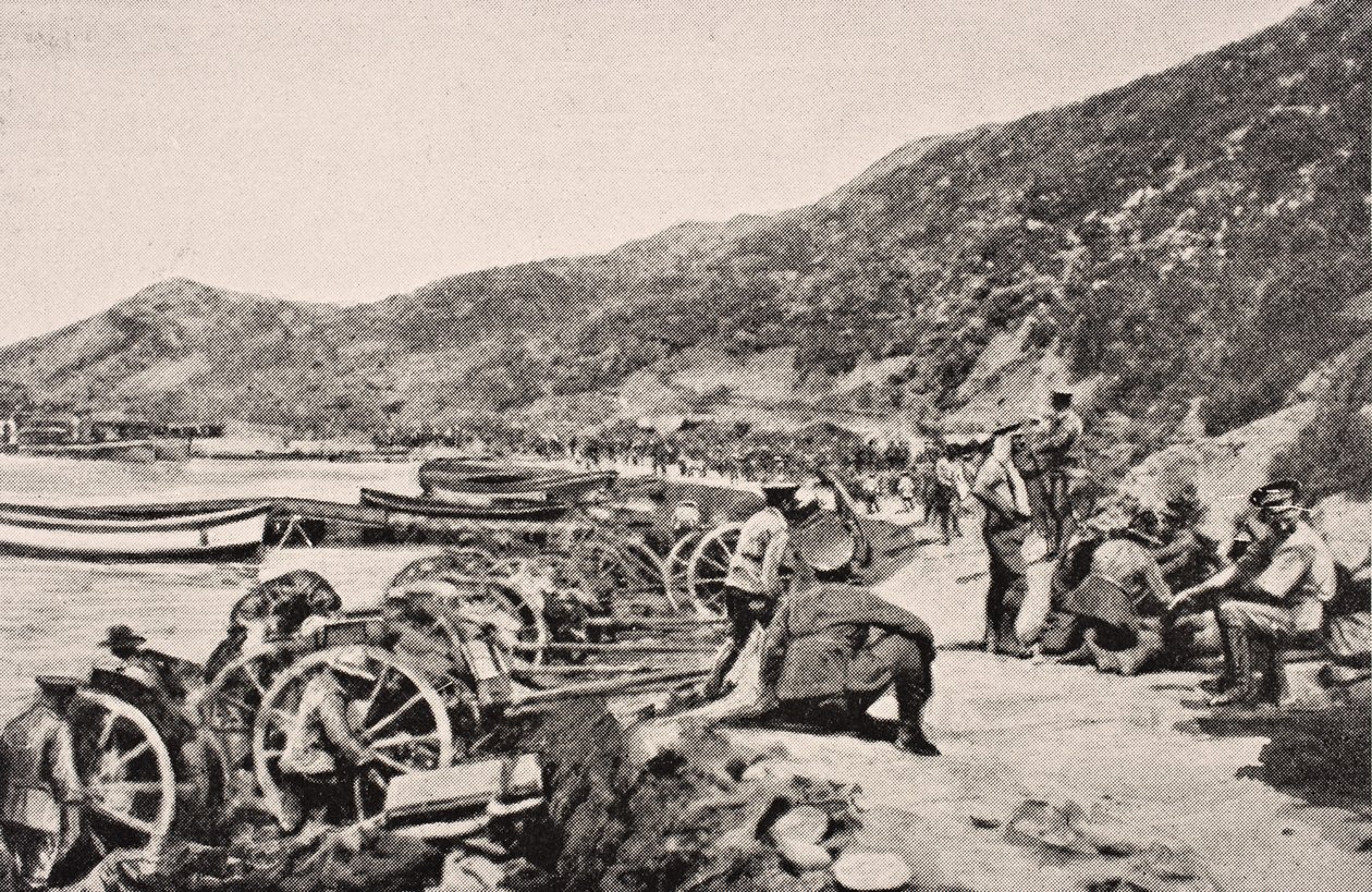 Oddziały australijskie na Anzac Cove Półwysep Gallipoli Turcja, 1915, z "The War Illustrated Album deLuxe", wydany w Londynie, 1916 autorstwa English School