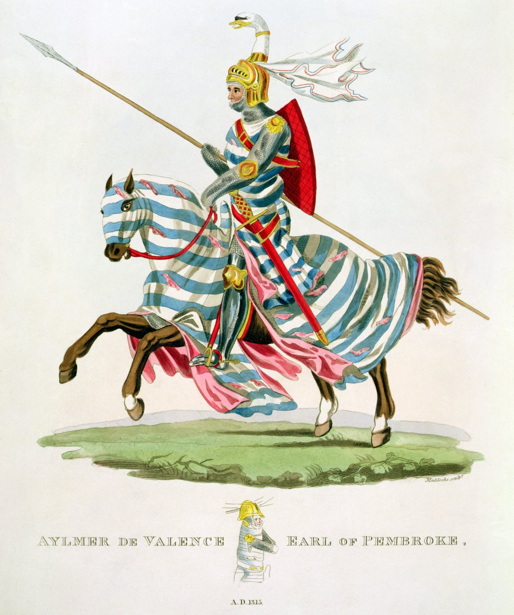 Aylmer de Valence, hrabia Pembroke (1265-1324), 1315, grawerowane przez W. Maddocksa, z „Ancient Armour” Samuela Rusha Meyricka, 1824 autorstwa English School