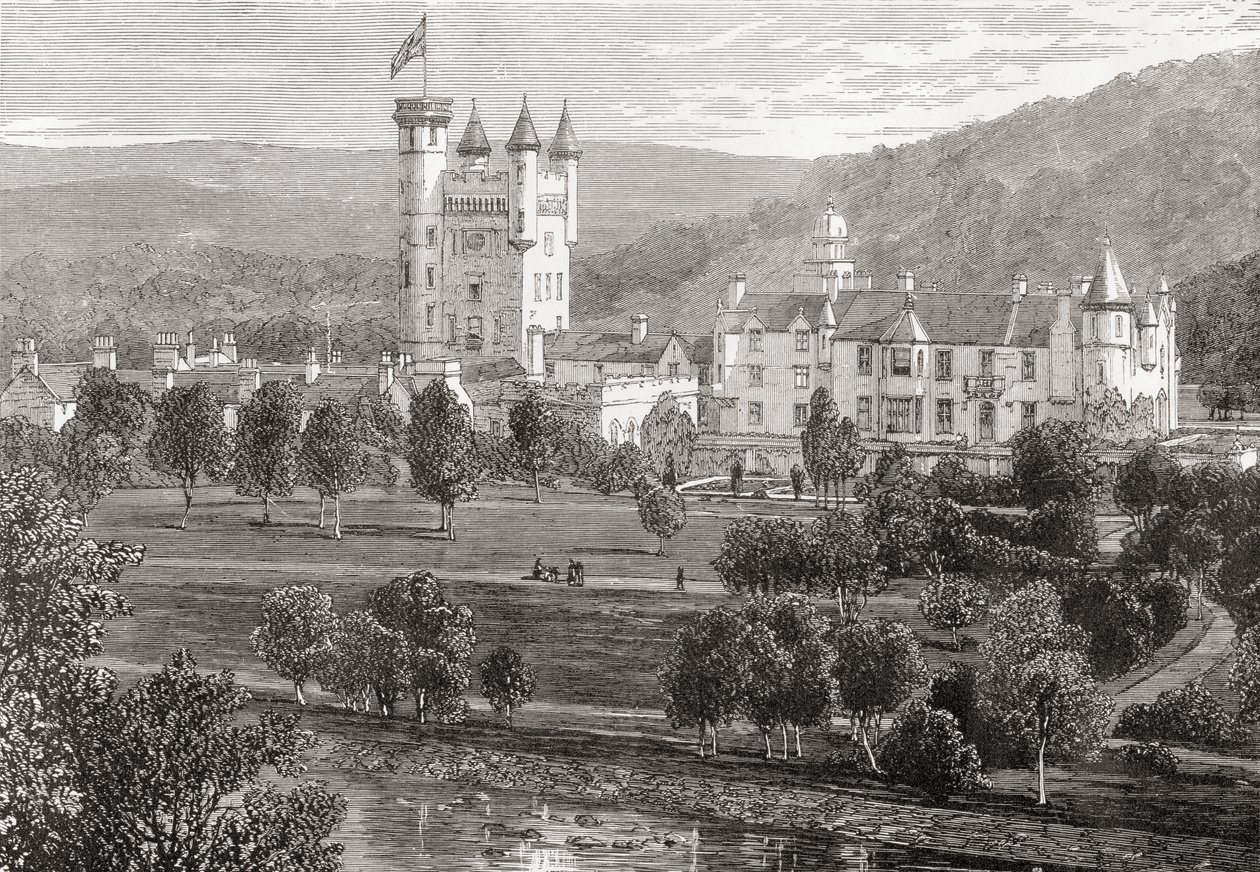 Zamek Balmoral, Aberdeenshire, widziany od strony rzeki Dee, ze „Scottish Pictures Drawn with Pen and Pencil” Samuela G. Greena, opublikowanej w 1886 r. autorstwa English School