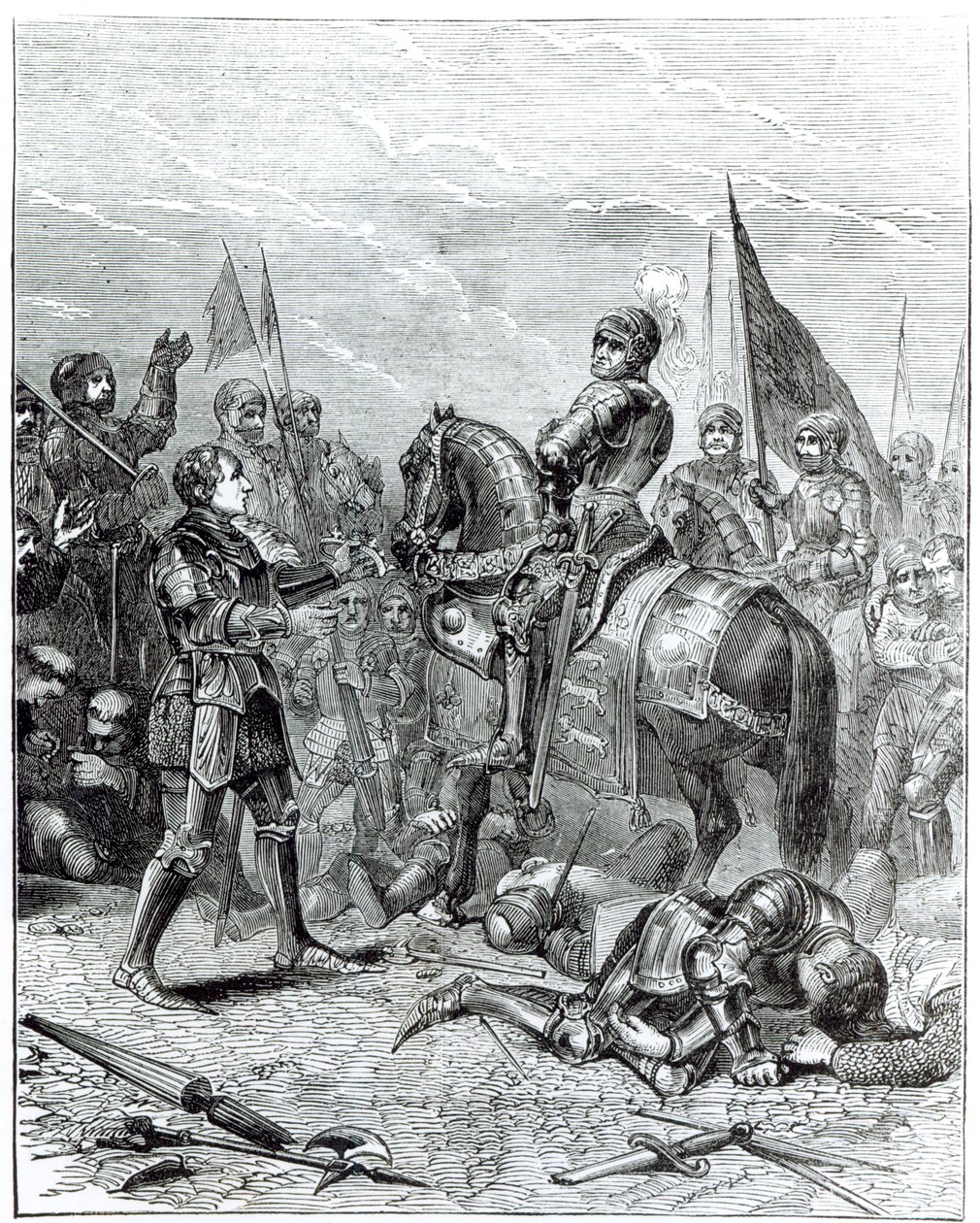 Bitwa pod Bosworth Field: Lord Stanley przyniósł koronę Ryszarda III (1452-1485) do Richmond, 22 sierpnia 1485 autorstwa English School