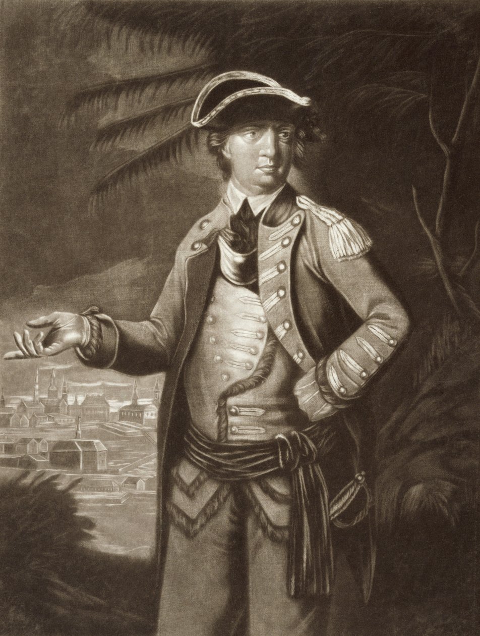 Benedict Arnold, po portrecie z 1766 roku z Quebec w tle autorstwa English School