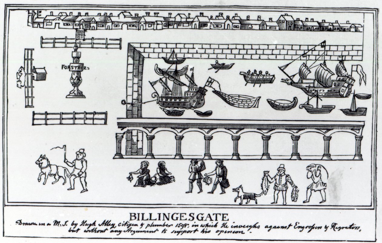 Billingsgate Market, Londyn, według oryginalnego rysunku z ok. 1598 r. autorstwa English School