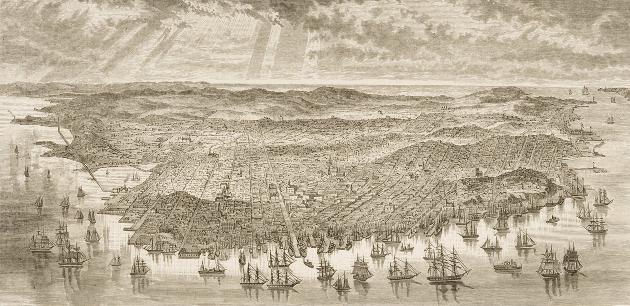Widok z lotu ptaka na San Francisco, 1875, z „American Pictures”, wydanego przez The Religious Tract Society, opublikowanego w 1876 roku autorstwa English School