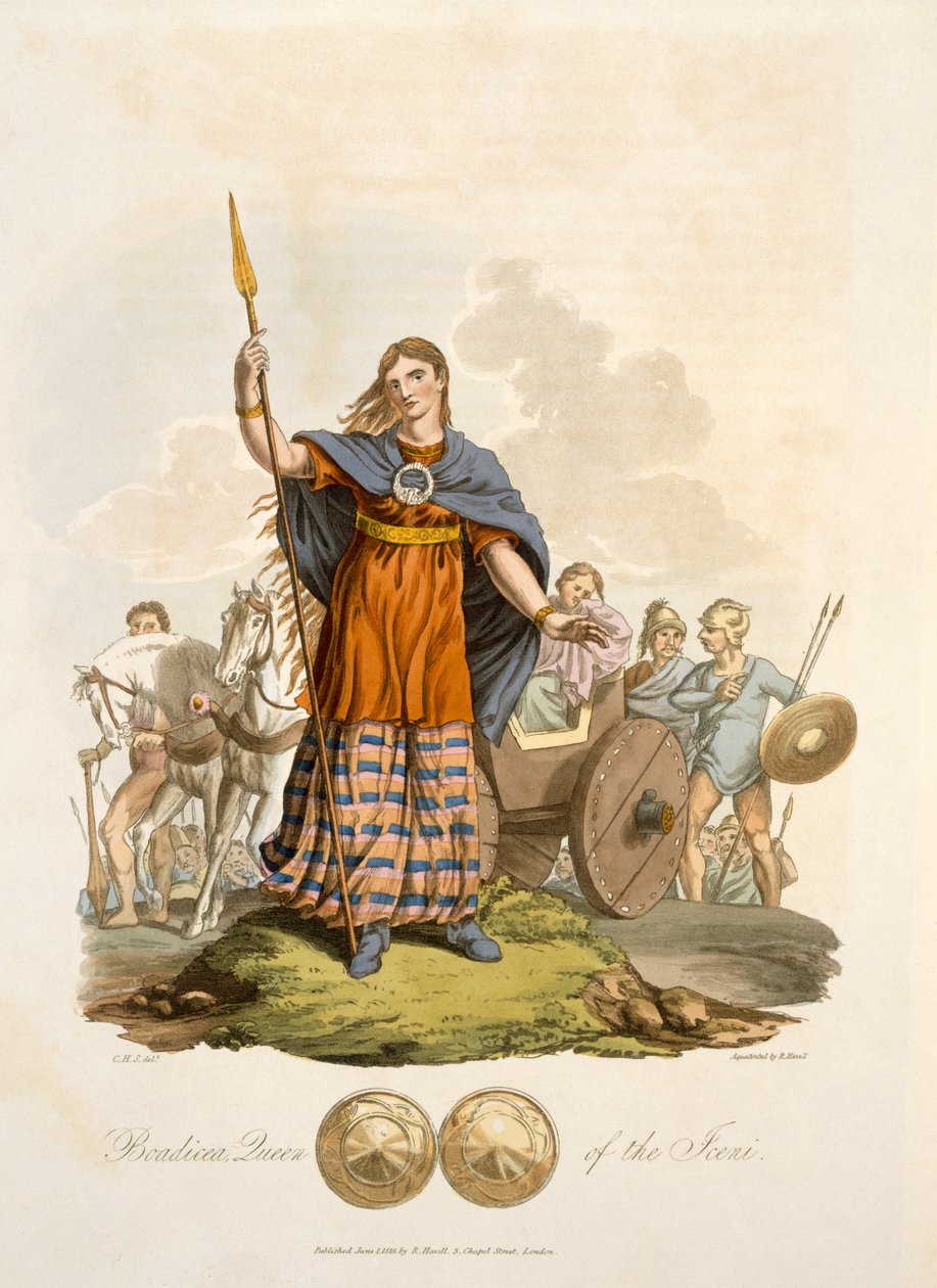 Boadicea, królowa Icenów, inż. Richarda Havella Starszego, wyd. 1815 (grawerowanie ręcznie kolorowane) autorstwa English School