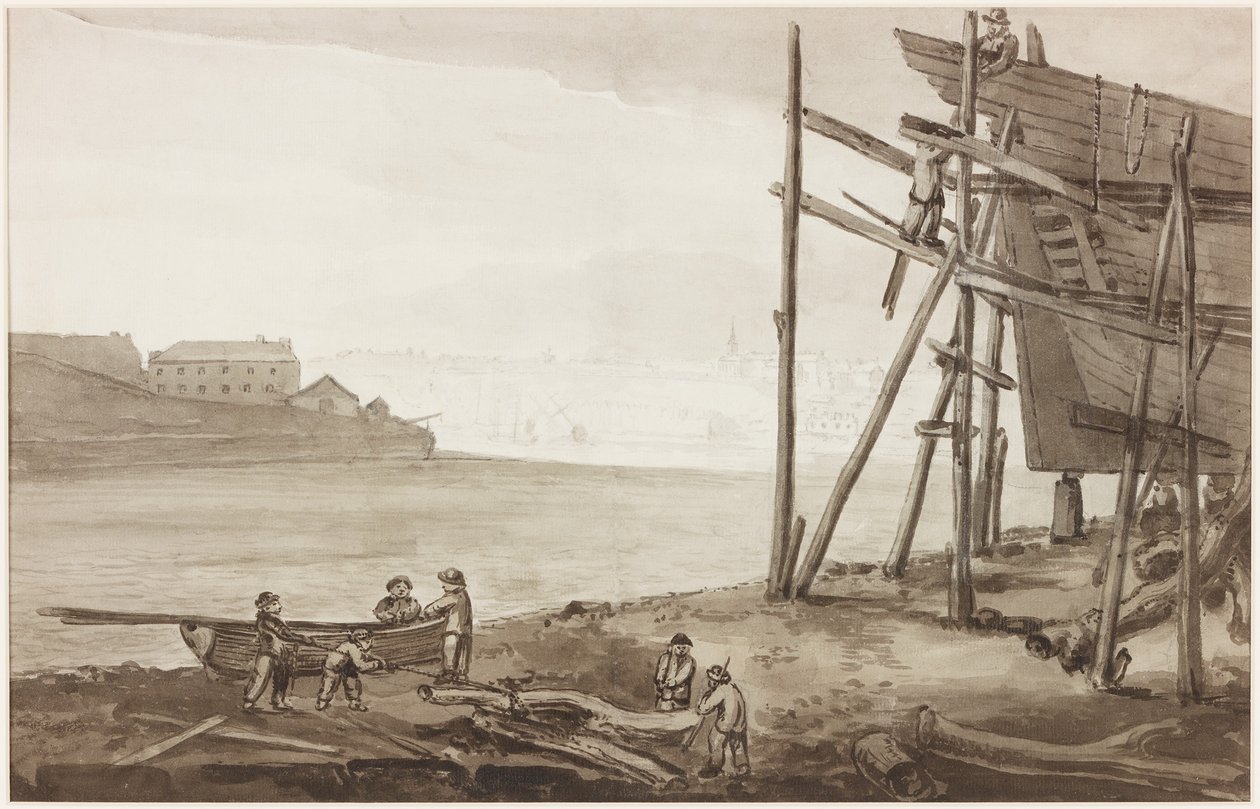 Budowniczy łodzi na Tyne, 1820 (ołówek i pranie (brązowy) na papierze) autorstwa English School