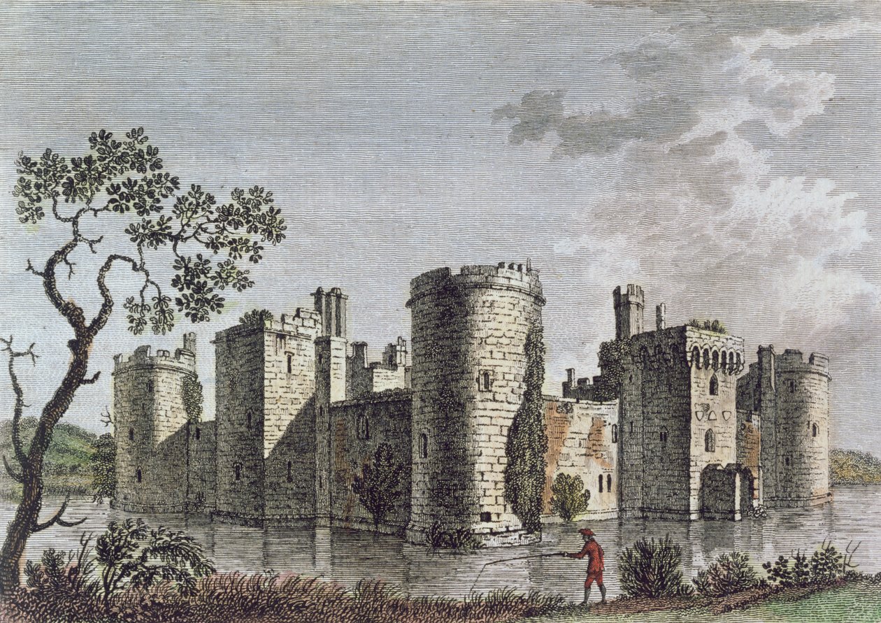 Zamek Bodiam, Sussex, 6 lipca 1777 (kolor grawerowany) autorstwa English School