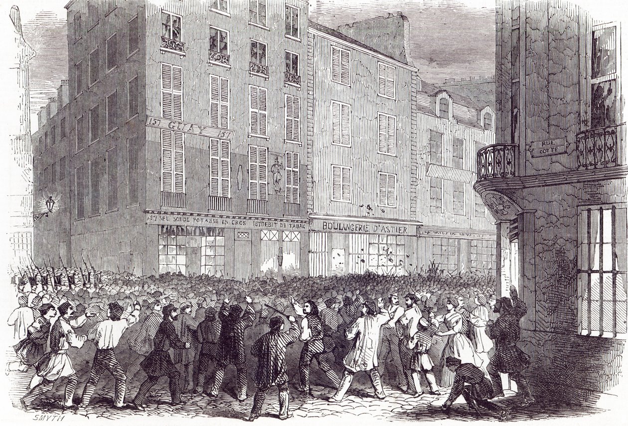 Парисын Гэгээн Антуан гудамжинд байрлах Талхны бослого, 1846 оны 10-р сарын 10-ны өдөр "The Illustrated London News" сэтгүүлээс autorstwa English School