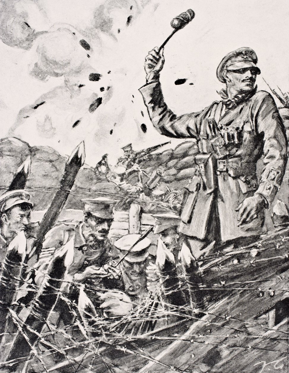Brytyjski oficer rzucający granatami z okopu w atakujących Niemców, z „The War Illustrated Album deLuxe”, wydanego w Londynie, 1916 autorstwa English School