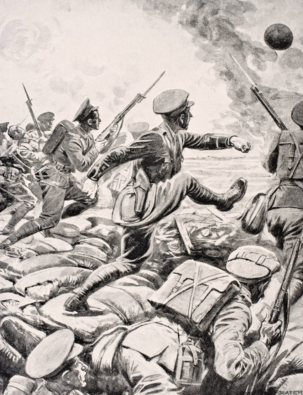 Brytyjski oficer kopie piłkę nożną w kierunku niemieckich linii, aby zainspirować swój pluton do szarży z nim, z „The War Illustrated Album deLuxe”, opublikowanego w Londynie, 1916 autorstwa English School