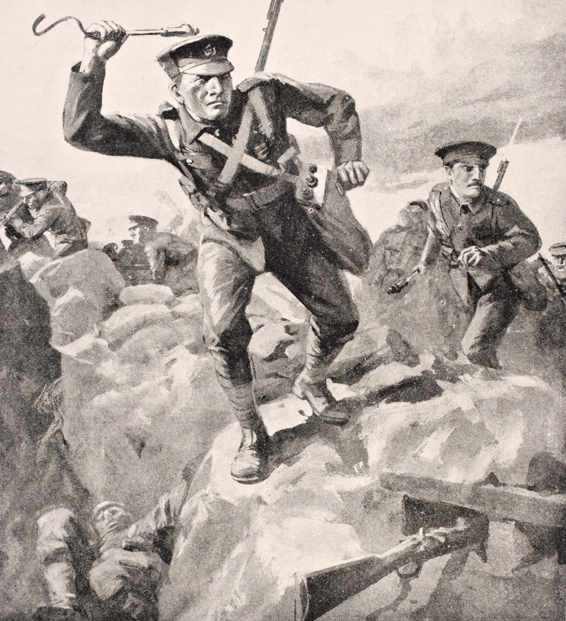 Brytyjscy żołnierze atakują niemieckie okopy granatami ręcznymi, z "The War Illustrated Album deLuxe", wydanego w Londynie w 1916 r. autorstwa English School