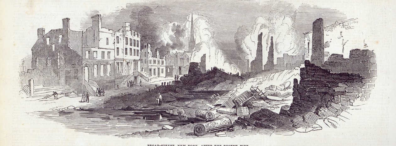Broad-street, Nowy Jork, po niedawnym pożarze, z „The Illustrated London News”, 23 sierpnia 1845 autorstwa English School