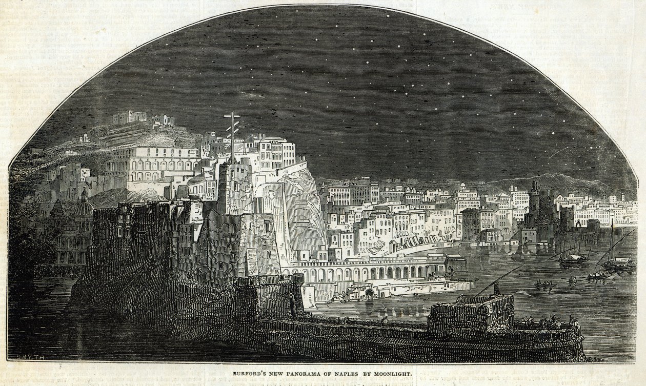 Nowa panorama Neapolu Burforda w świetle księżyca, z „The Illustrated London News”, 11 stycznia 1845 autorstwa English School