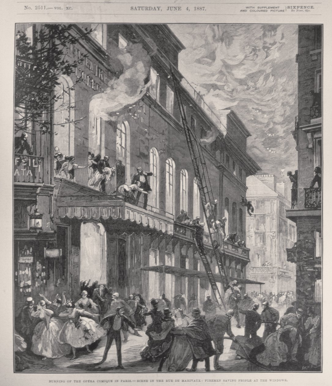 Spalenie Opery Comique w Paryżu, Scena na Rue de Marivaux: Strażacy ratujący ludzi pod oknami, z „The Illustrated London News”, 4 czerwca 1887 autorstwa English School
