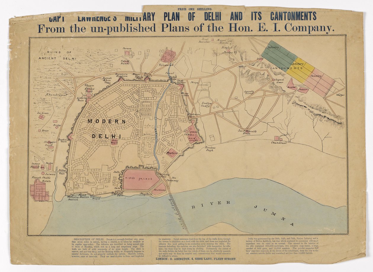 Plan wojskowy kpt. Lawrencesa z Delhi i jego kantonów z niepublikowanych planów Kompanii Hon E I, ok. 1860 r. autorstwa English School