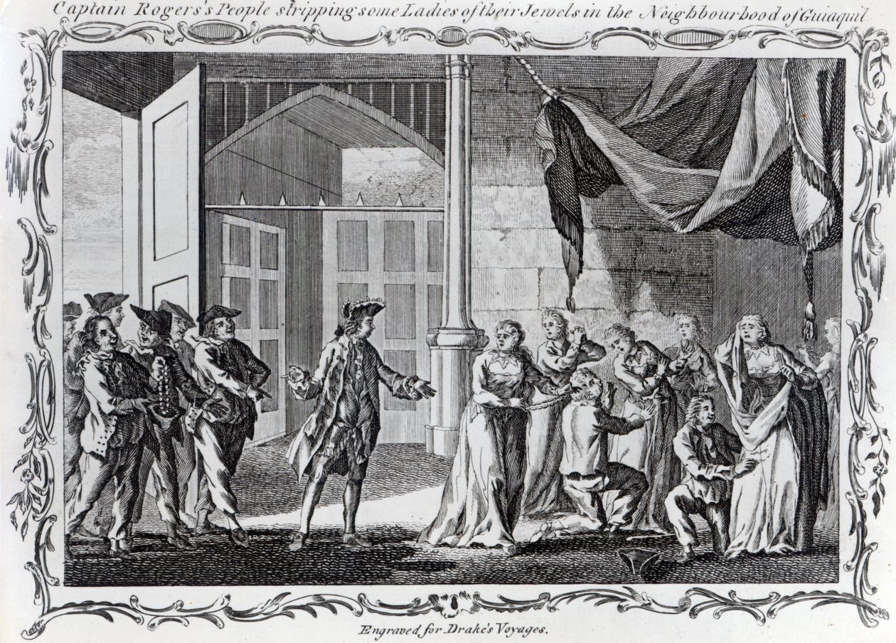 Ludzie kapitana Rogersa pozbawiający niektóre panie klejnotów w okolicach Guiaquil, 1765 r. autorstwa English School