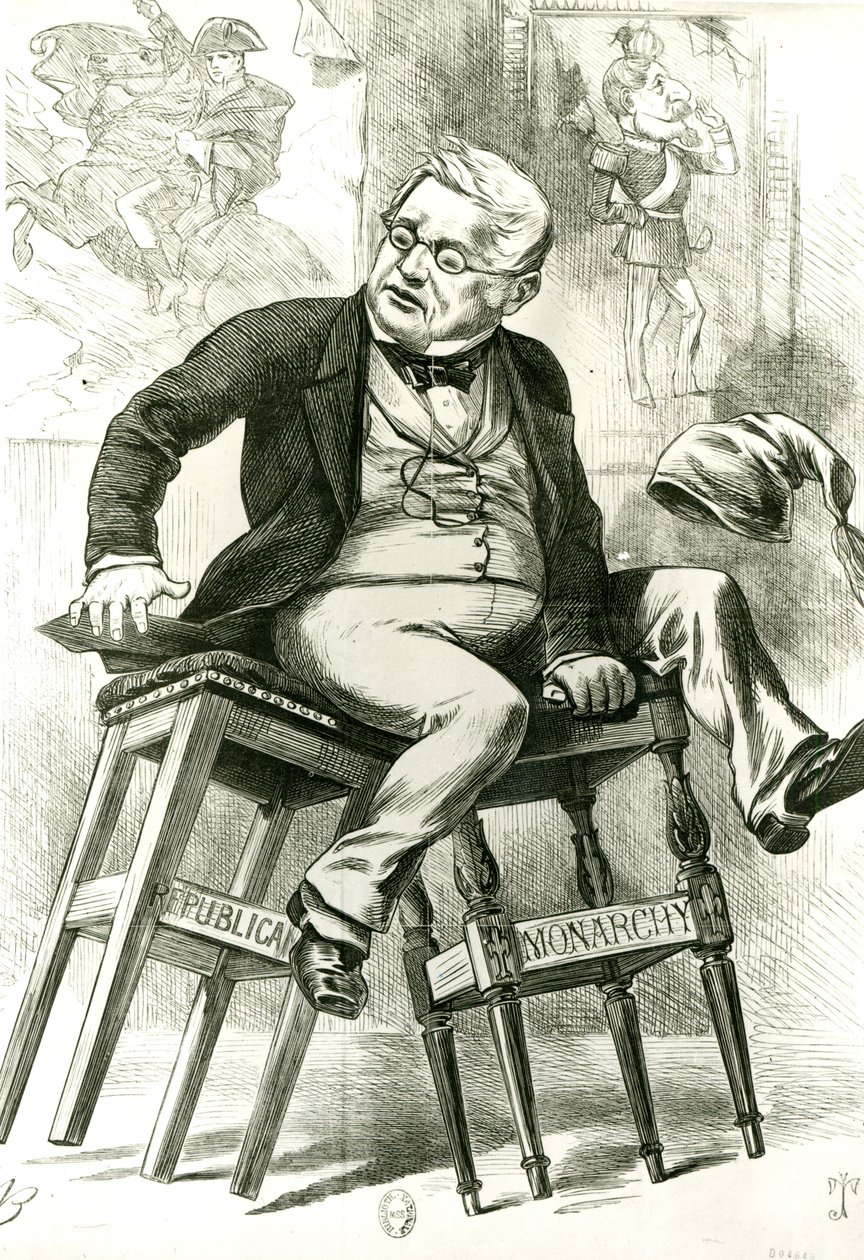 Karykatura Adolphe Thiers (1797-1877) między dwoma stołkami, ilustracja z „Punch”, 1872 autorstwa English School