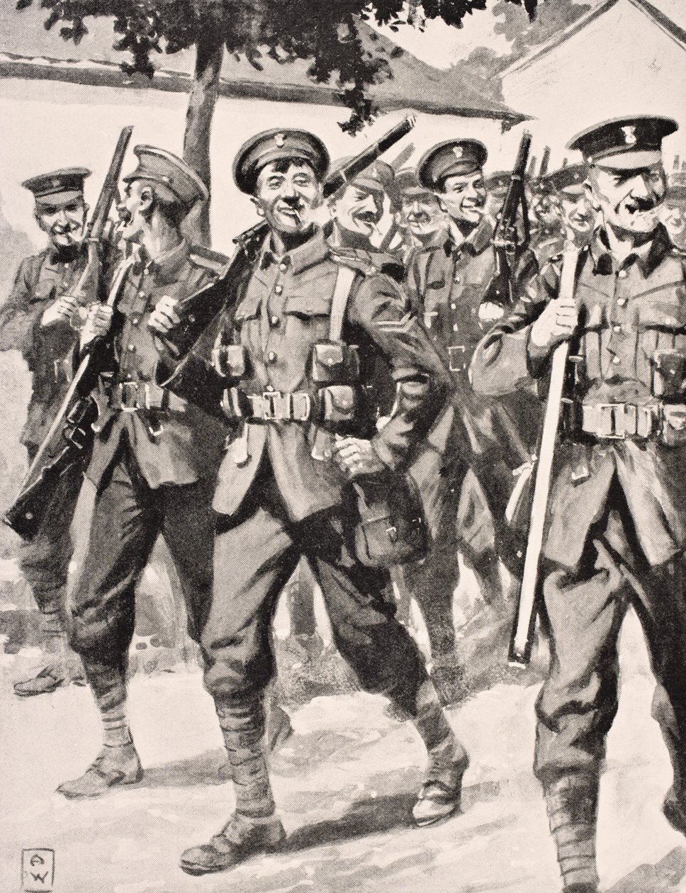 Karykaturalny rysunek pewnych siebie żołnierzy brytyjskich w drodze na front Front Zachodni, 1915, z „The War Illustrated Album deLuxe”, wydanego w Londynie, 1916 autorstwa English School